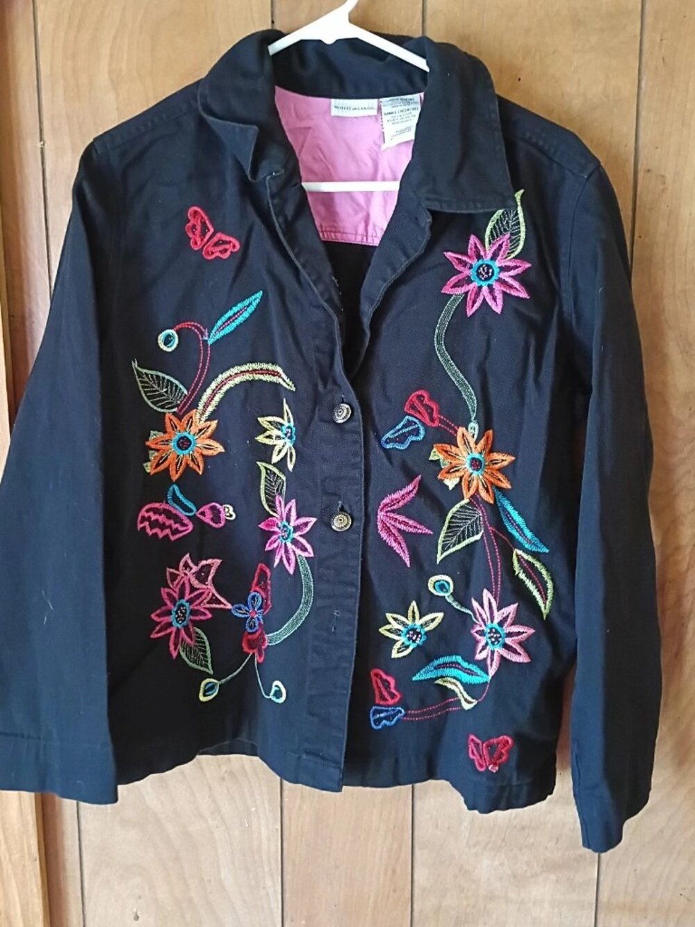 White Stag Women's Embroidered Floral Jacket Size Small Black 100% Cotton Button